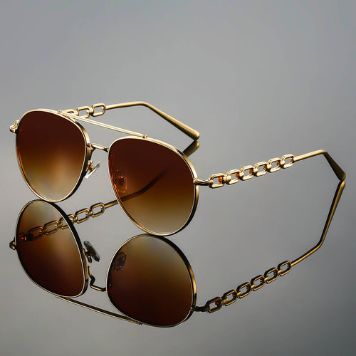 Men's chain link aviator sunglasses with gold-tone frame and gradient brown lenses, front view