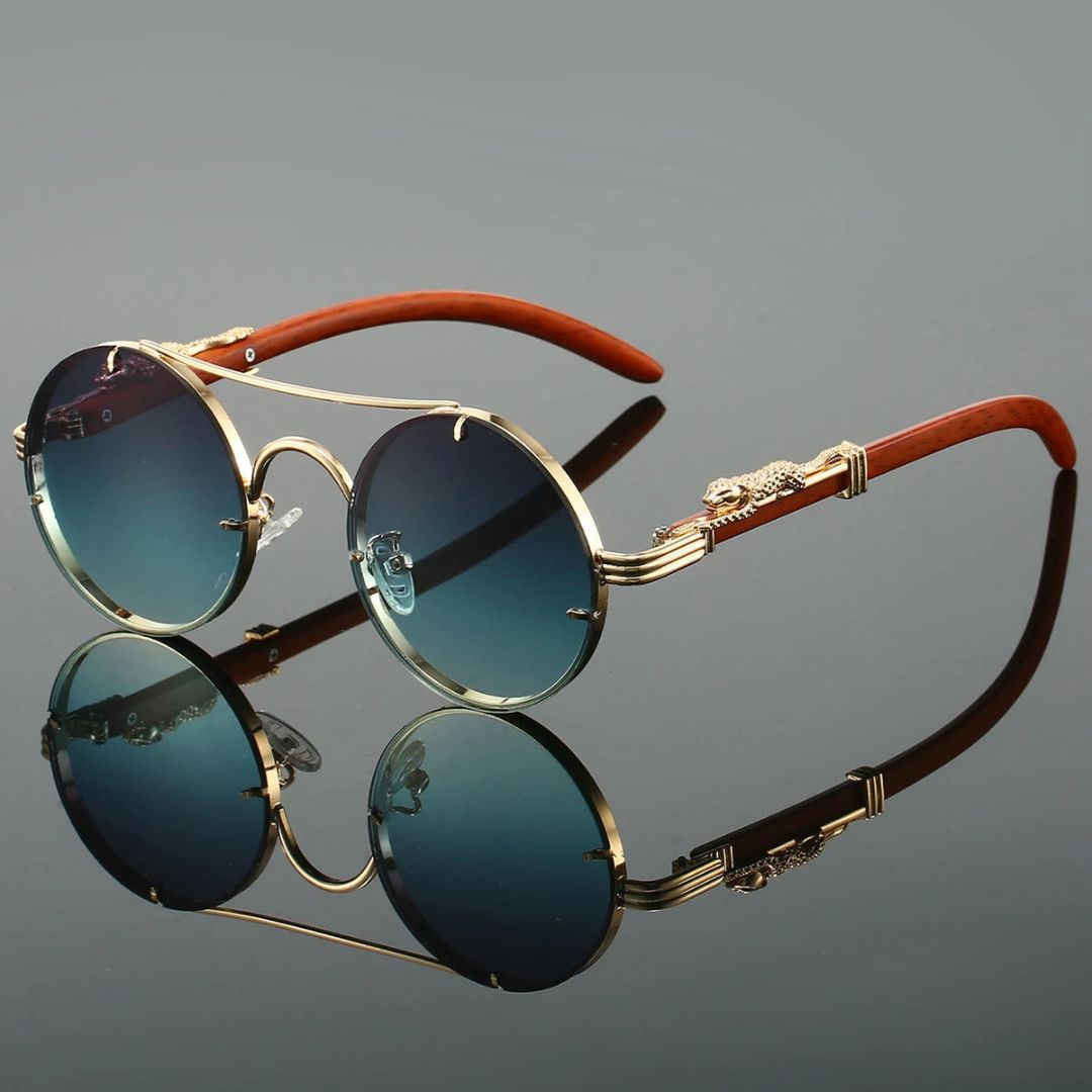 Man wearing round frame sunglasses outdoors in natural light