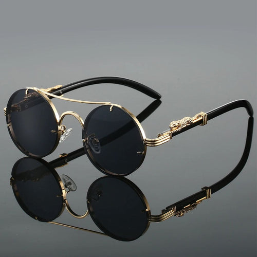 Men's round frame sunglasses with gold-toned metal frames and dark lenses, front view
