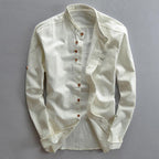 Model wearing linen shirt, side profile view