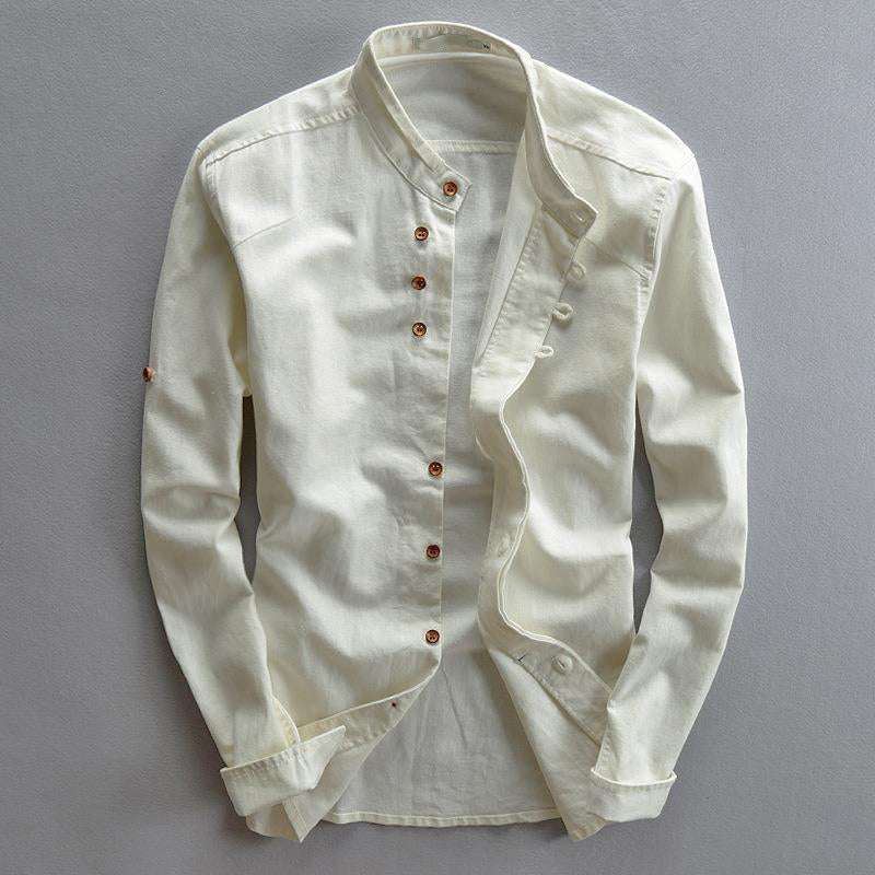 Model wearing linen shirt, side profile view