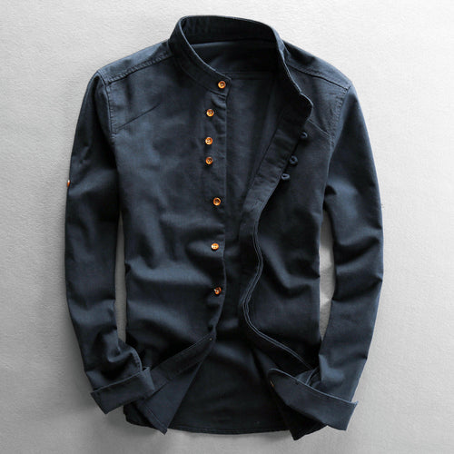 Model wearing linen mandarin collar shirt, standing pose