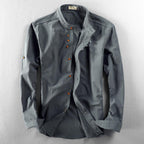 Men's linen mandarin collar shirt, front view on white background