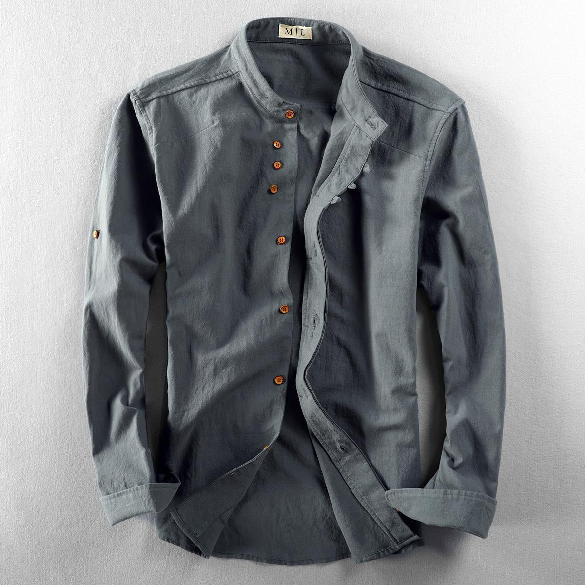 Men's linen mandarin collar shirt, front view on white background