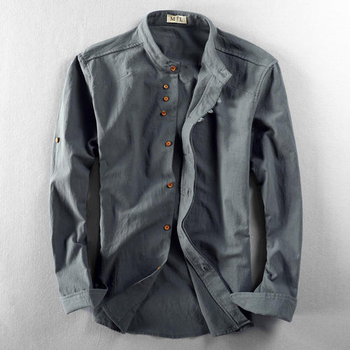 Men's linen mandarin collar shirt, front view on white background