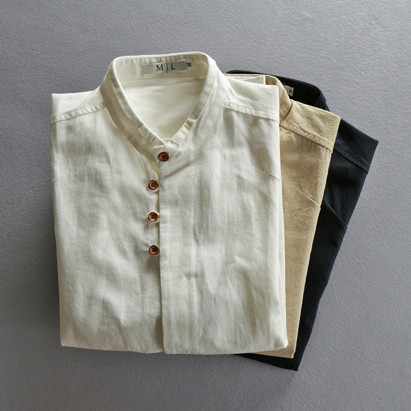 Model wearing shirt, three-quarter angle pose