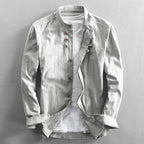 Close-up of mandarin collar and contrast button detailing