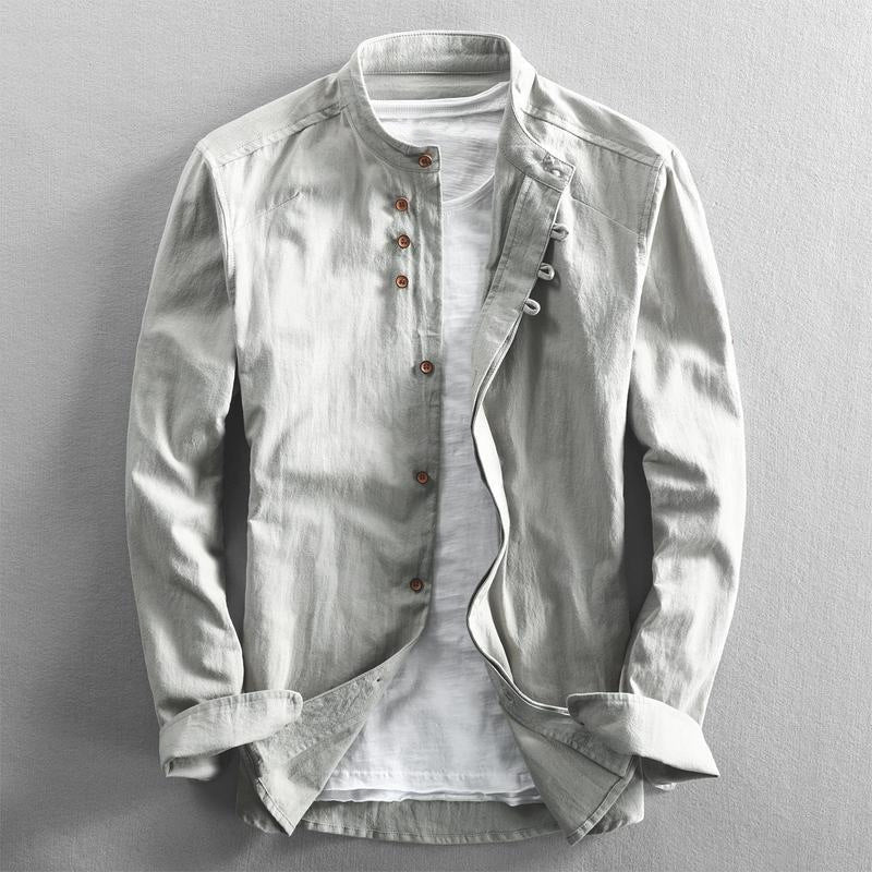 Close-up of mandarin collar and contrast button detailing