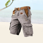 Men's cargo shorts with belt, front view on white background