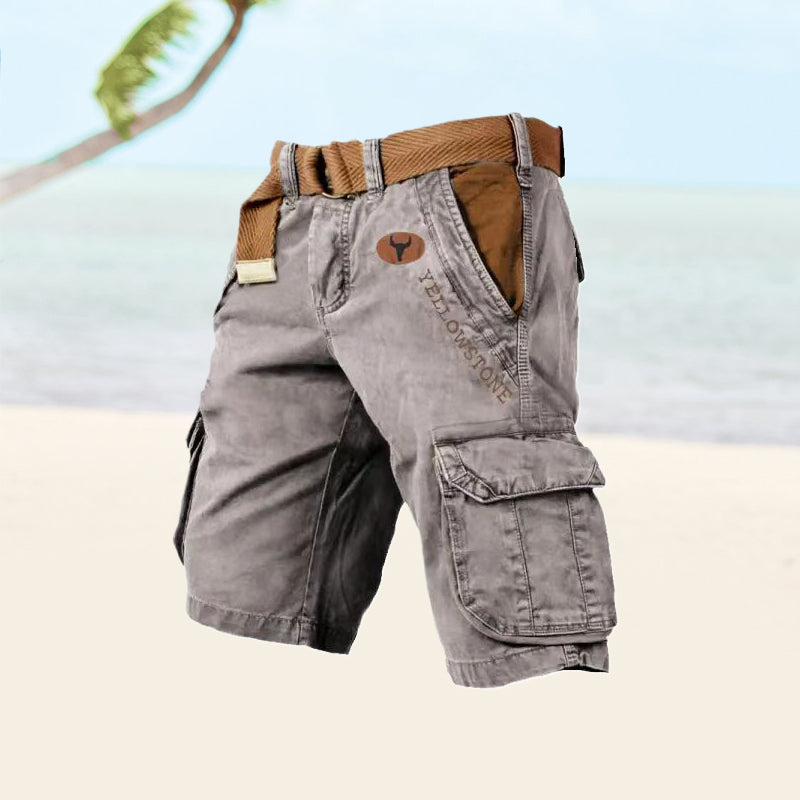 Men's cargo shorts with belt, front view on white background