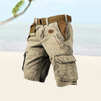 Side profile view of cargo shorts with visible pockets