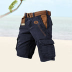 Model wearing shorts in outdoor casual setting