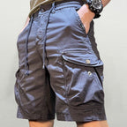 Men's relaxed fit cargo shorts, front view on neutral background