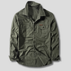 Side profile of canvas utility shirt showing fit