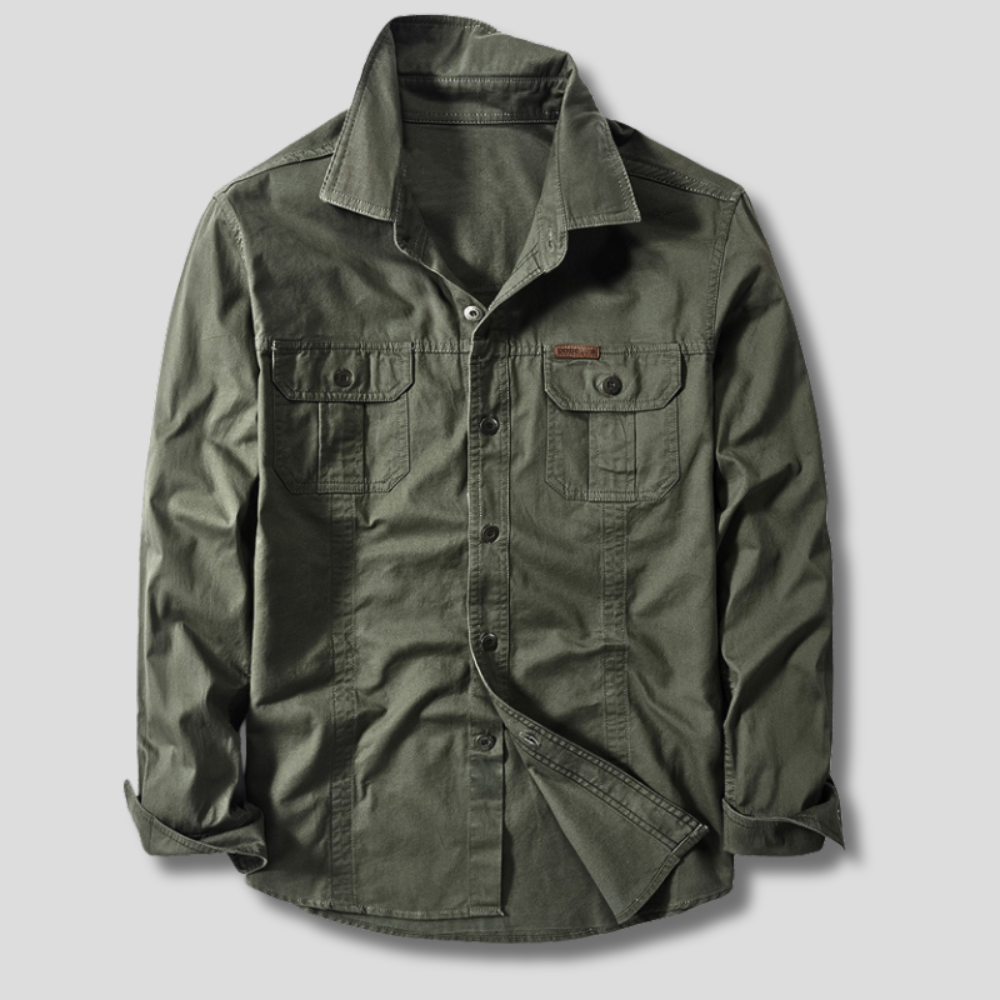 Side profile of canvas utility shirt showing fit