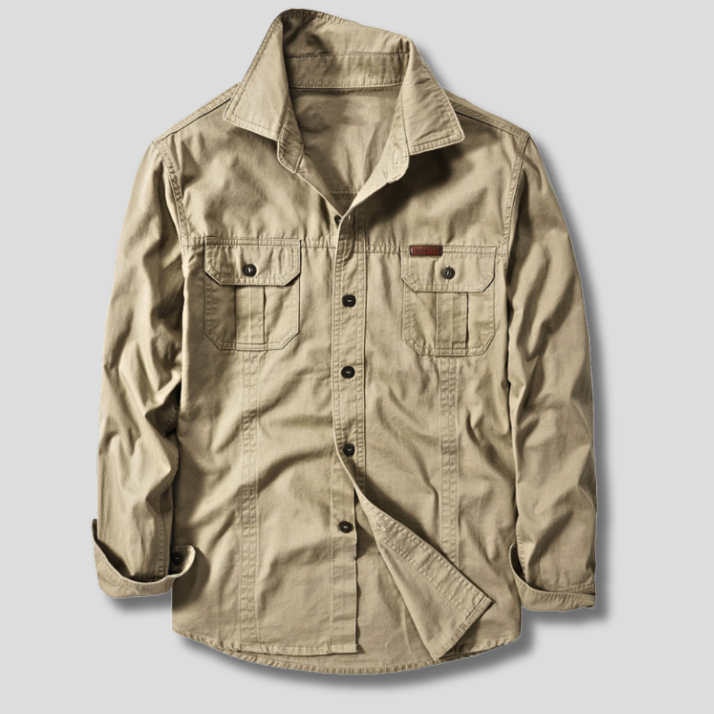 Men's canvas utility shirt with dual chest pockets, front view