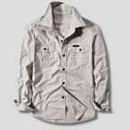 Back view of canvas utility shirt on model