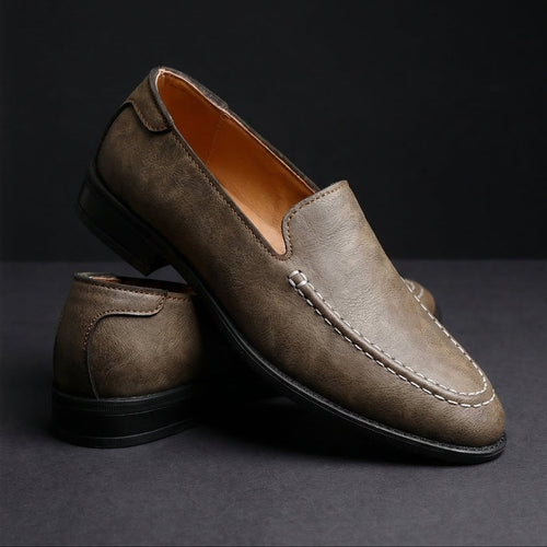 Men's leather slip-on loafers in tan, front and side view