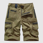 Model wearing cargo shorts, standing pose showcasing fit and length