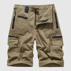 Men's relaxed fit cargo shorts in neutral tone, front view flat lay