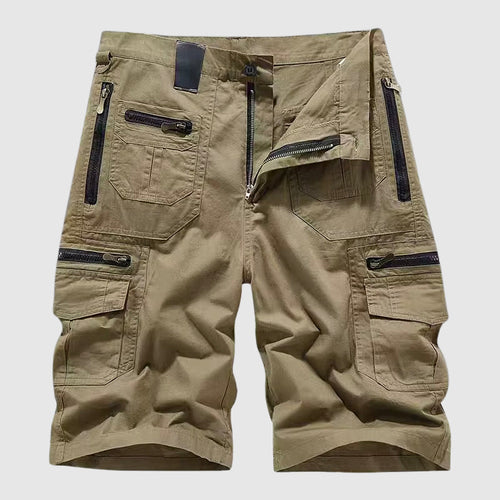 Men's relaxed fit cargo shorts in neutral tone, front view flat lay