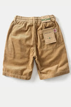 Side profile of corduroy shorts on model