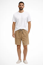 Men's corduroy shorts with drawstring waistband, front view