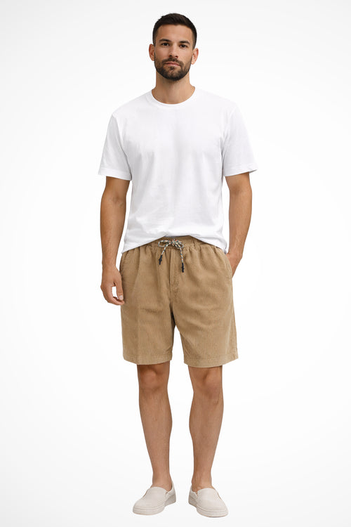 Men's corduroy shorts with drawstring waistband, front view