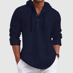 Relaxed fit of casual hooded shirt, full-length standing pose