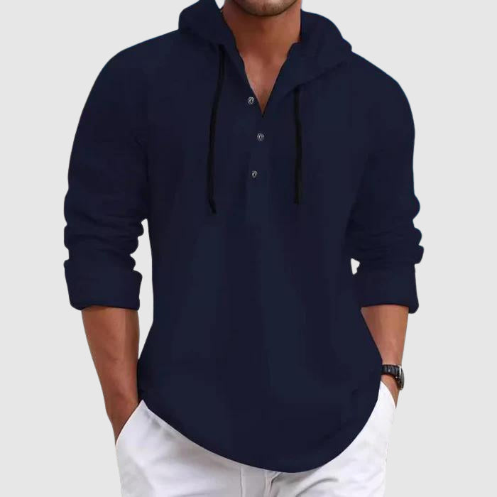 Relaxed fit of casual hooded shirt, full-length standing pose