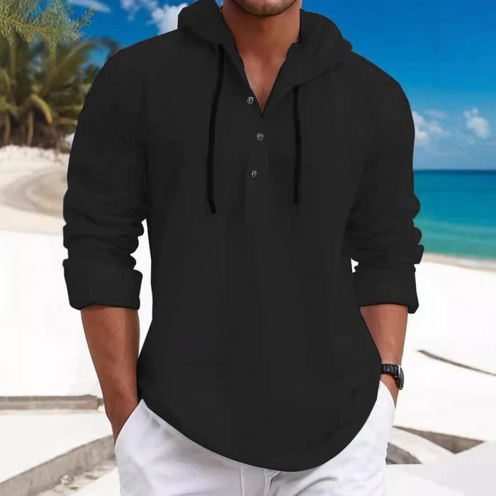 Model in hooded casual shirt, angled three-quarter view