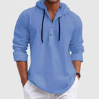 Men's hooded long sleeve casual shirt, front view on model