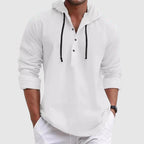 Close-up of partial button placket and drawstring hood detail