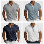 Back view of short sleeve henley shirt on model