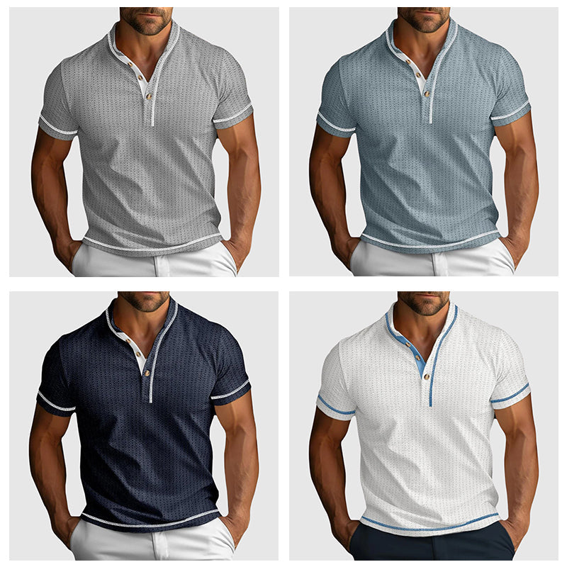 Back view of short sleeve henley shirt on model