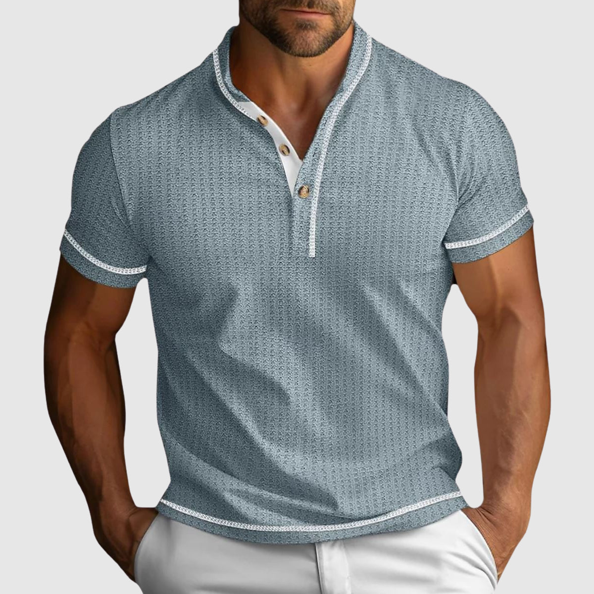 Men's short sleeve henley shirt with textured cotton blend fabric