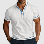 Close-up of henley collar and contrast trim detailing