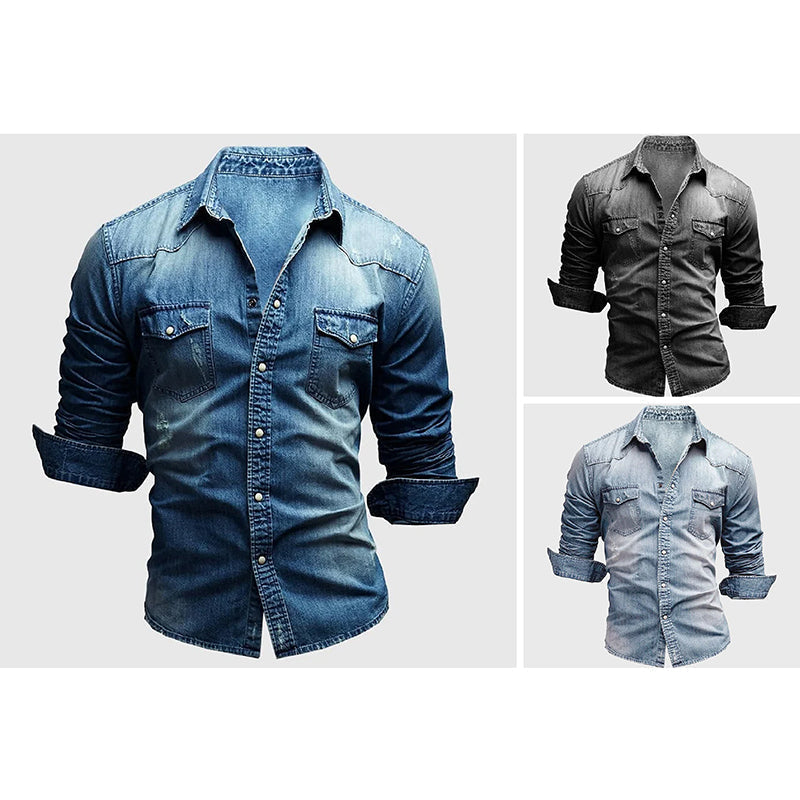 Model wearing denim shirt, side profile view