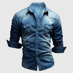 Model wearing light blue denim shirt, casual pose