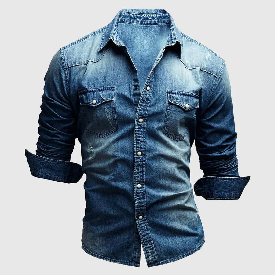 Model wearing light blue denim shirt, casual pose