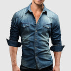 Back view of slim fit denim shirt