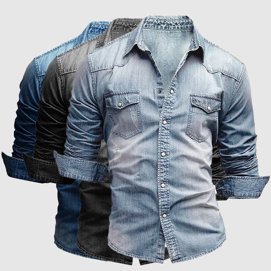 Model in denim shirt, three-quarter angle view