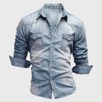 Men's slim fit denim shirt in light blue, front view