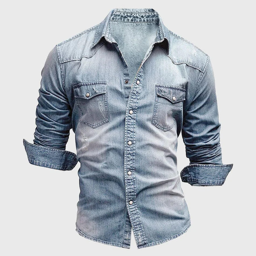 Men's slim fit denim shirt in light blue, front view