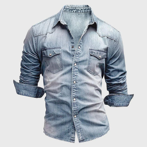 Men's slim fit denim shirt in light blue, front view