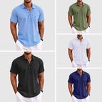 Model in linen polo shirt, casual relaxed stance