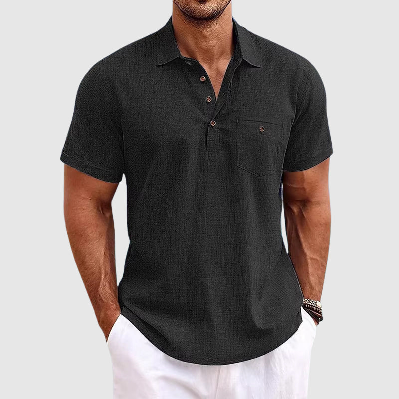 Model wearing linen polo shirt, standing straight-on pose