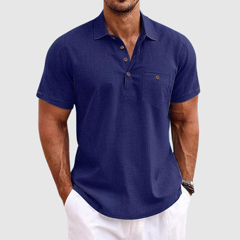 Model wearing linen polo shirt, side profile view