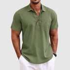 Linen polo shirt collar and shoulder detail, close-up shot