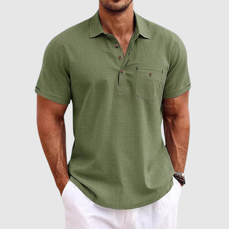 Linen polo shirt collar and shoulder detail, close-up shot